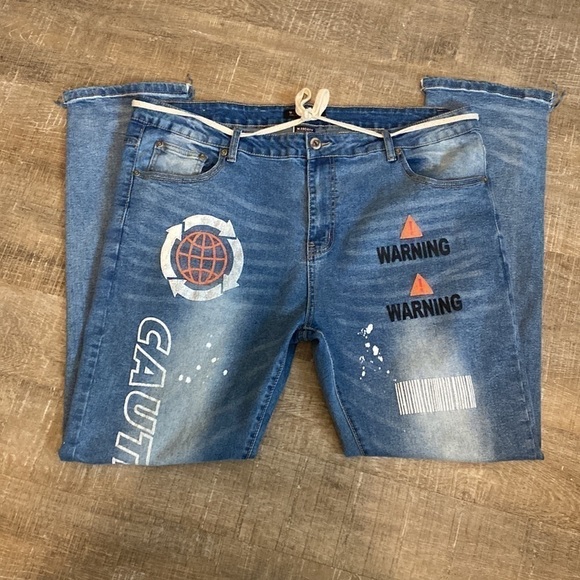 M society Mens Graphic Slim Jeans With Drawstring Waist Cord | 42x32 - Picture 11 of 12